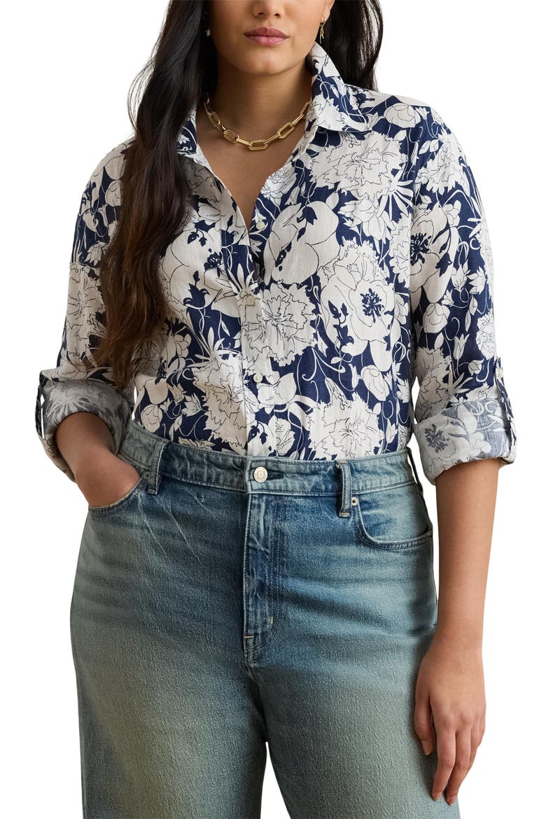 Relaxed Fit Floral Linen Shirt, Main, color, WHITE/ NAVY