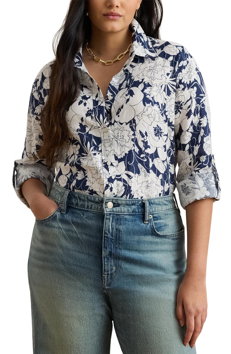 Lauren Ralph Lauren Karrie Floral Linen Button-Up Shirt, Main, color, White/ Navy