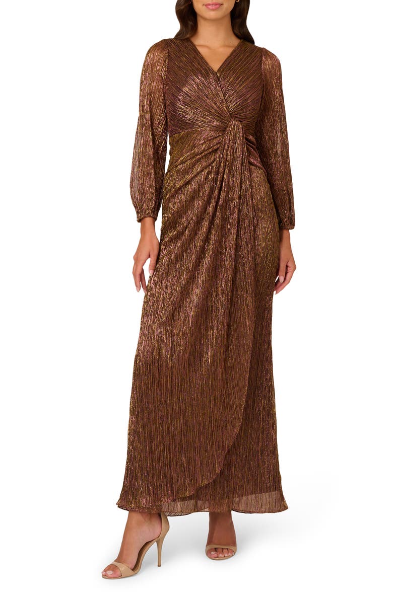 Adrianna Papell Metallic Long Sleeve Mesh Evening Gown, Main, color, 