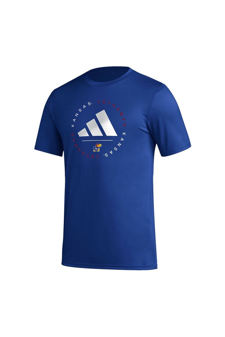 Men's adidas Royal Kansas Jayhawks Stripe Up AEROREADY Pregame T-Shirt, Alternate, color, Royal
