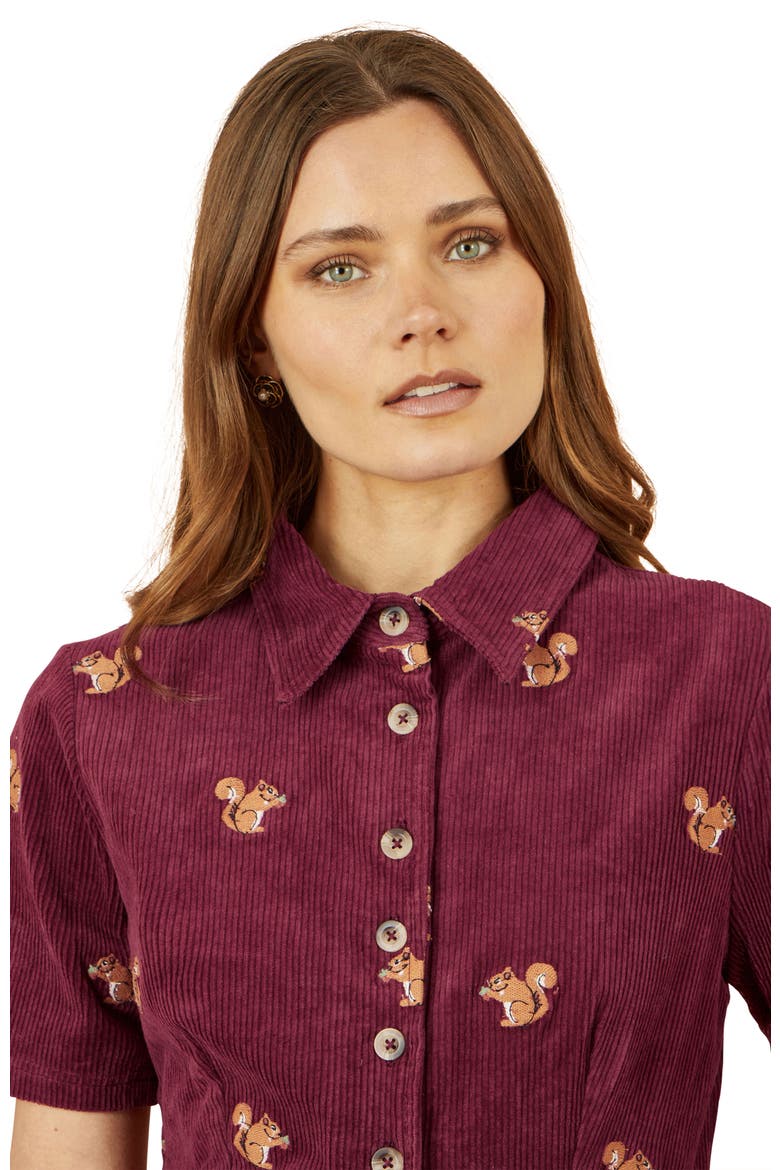 Fox Embroidered Cord Shirt Dress, Alternate, color, Burgundy
