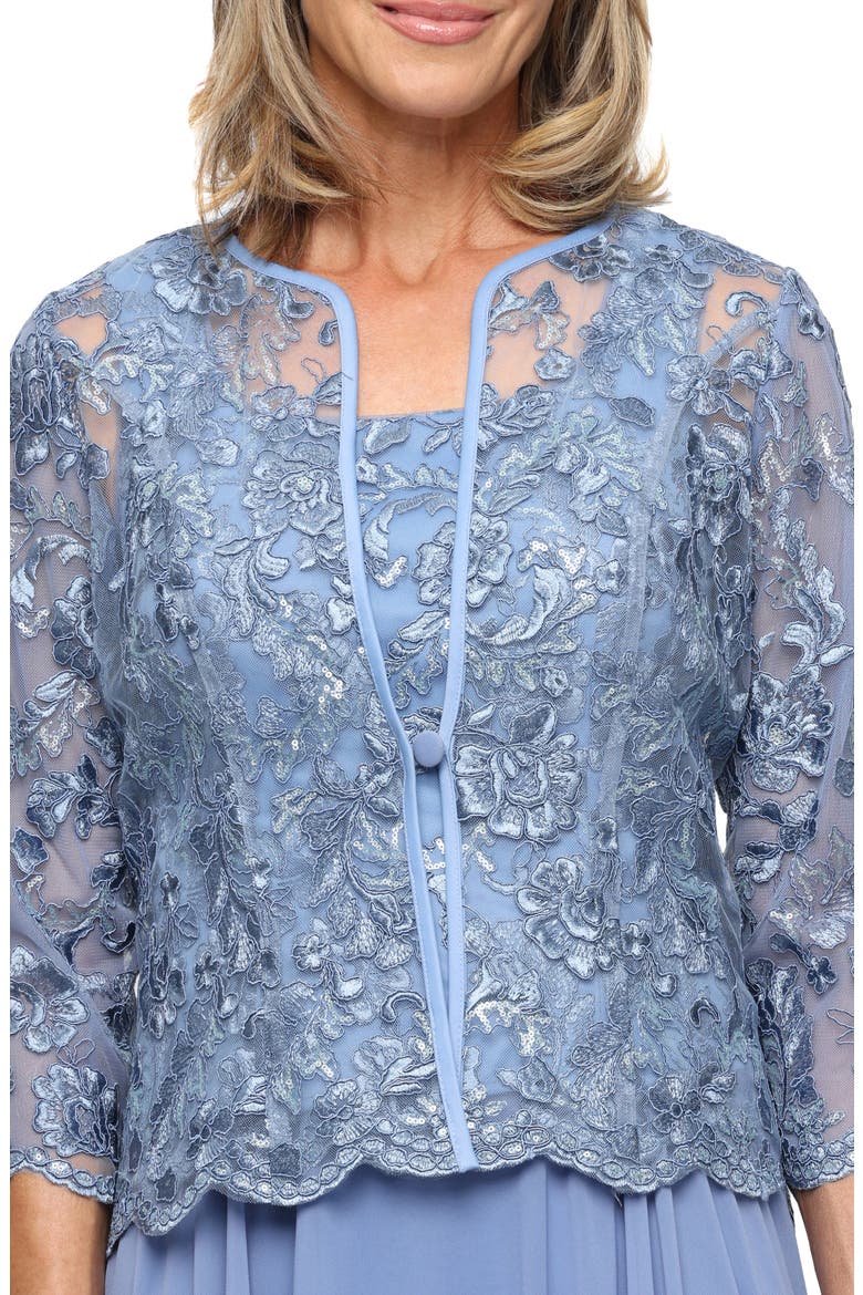 Mixed Media Sleeveless Gown with Embroidered Jacket, Alternate, color, DUSTY BLUE