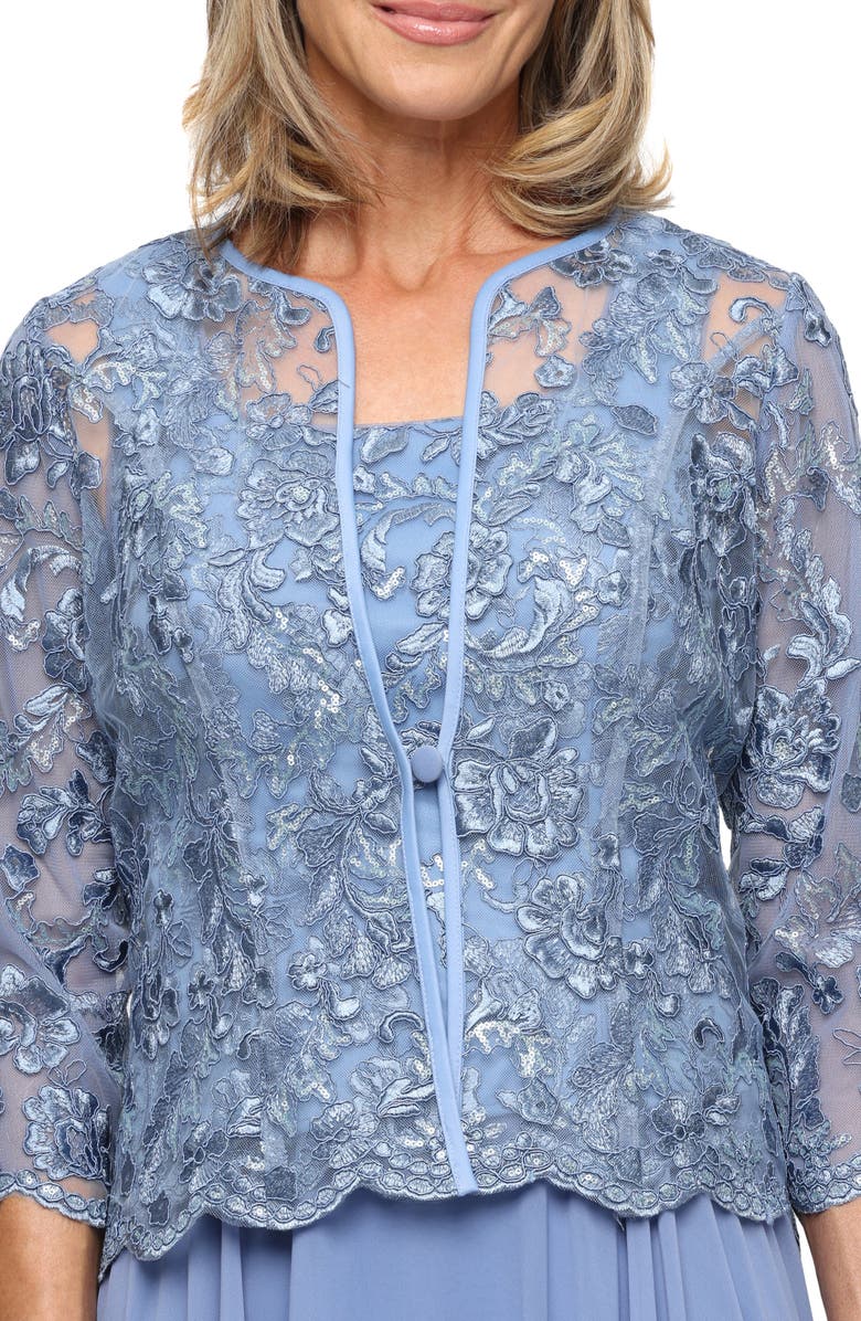 Alex Evenings Mixed Media Sleeveless Gown with Embroidered Jacket, Alternate, color, Dusty Blue