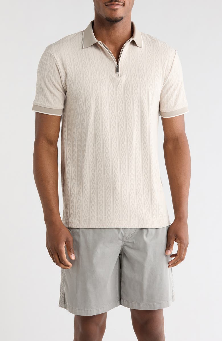 DENIM AND FLOWER Tipped Textured Quarter Zip Polo, Main, color, Beige