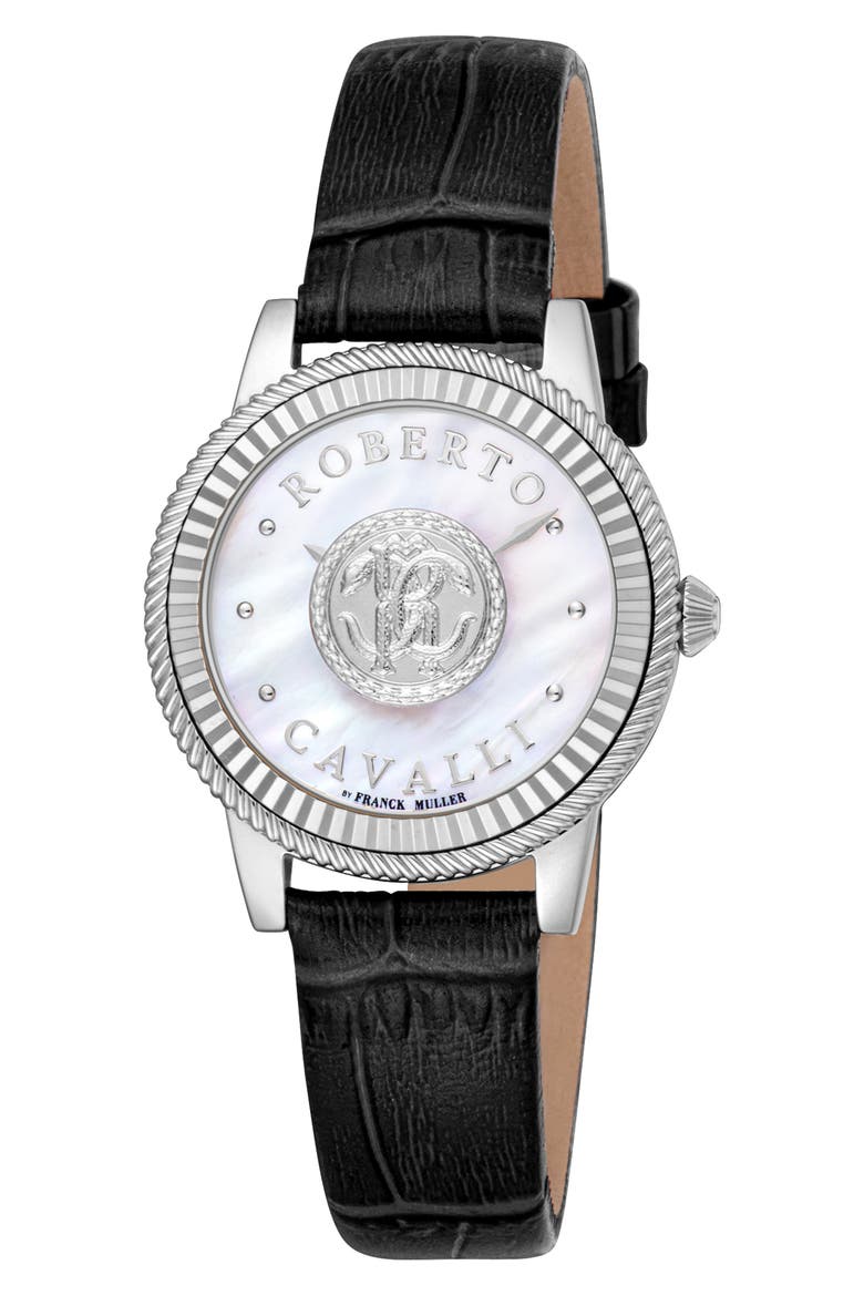 Mother-of-Pearl Leather Strap Watch, 30mm, Main, color, BLACK