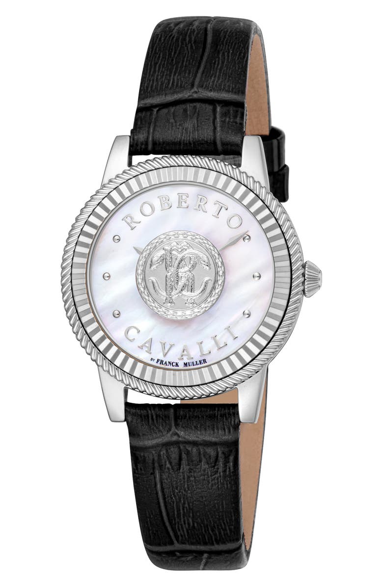 Roberto Cavalli by Franck Muller Mother-of-Pearl Leather Strap Watch, 30mm, Main, color, Black