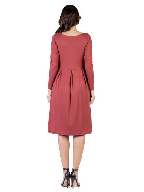 24seven Comfort Apparel Midi Length Fit N Flare Pocket Dress In Brown