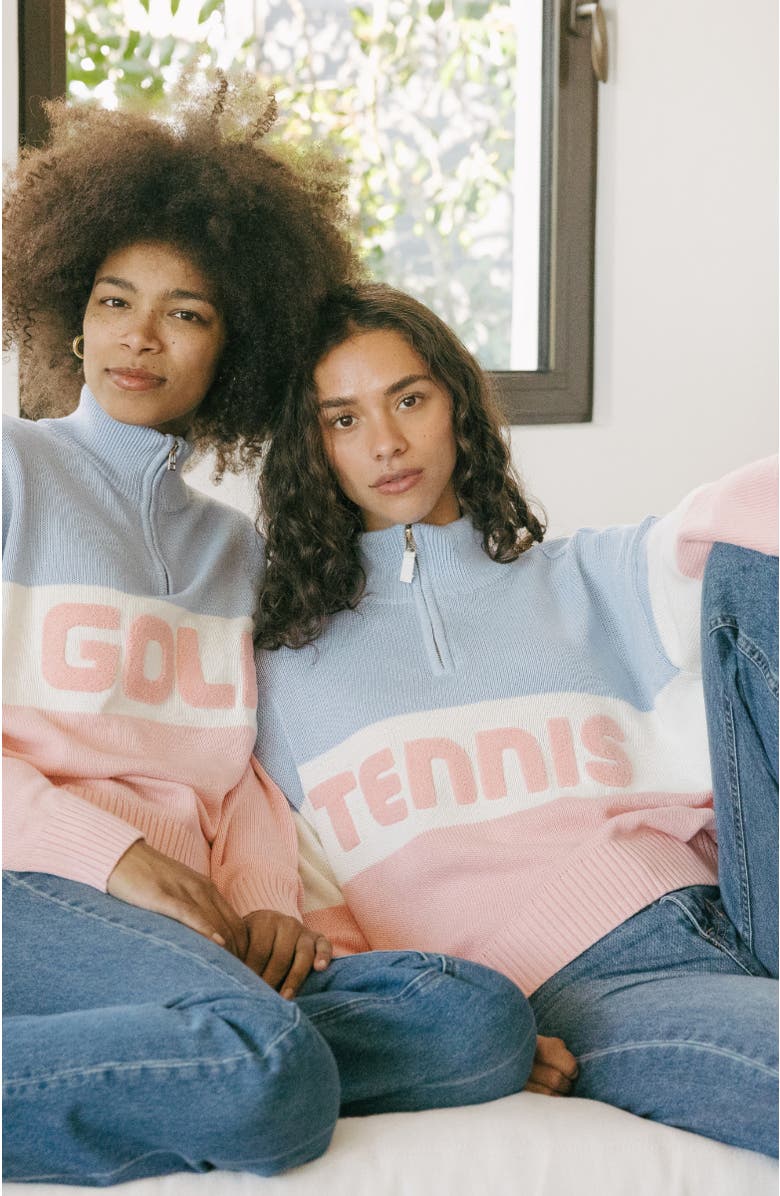 Ellsworth + Ivey Madison Quarter-Zip Sweater Golf Colorblock, Alternate, color, Blue / Pink