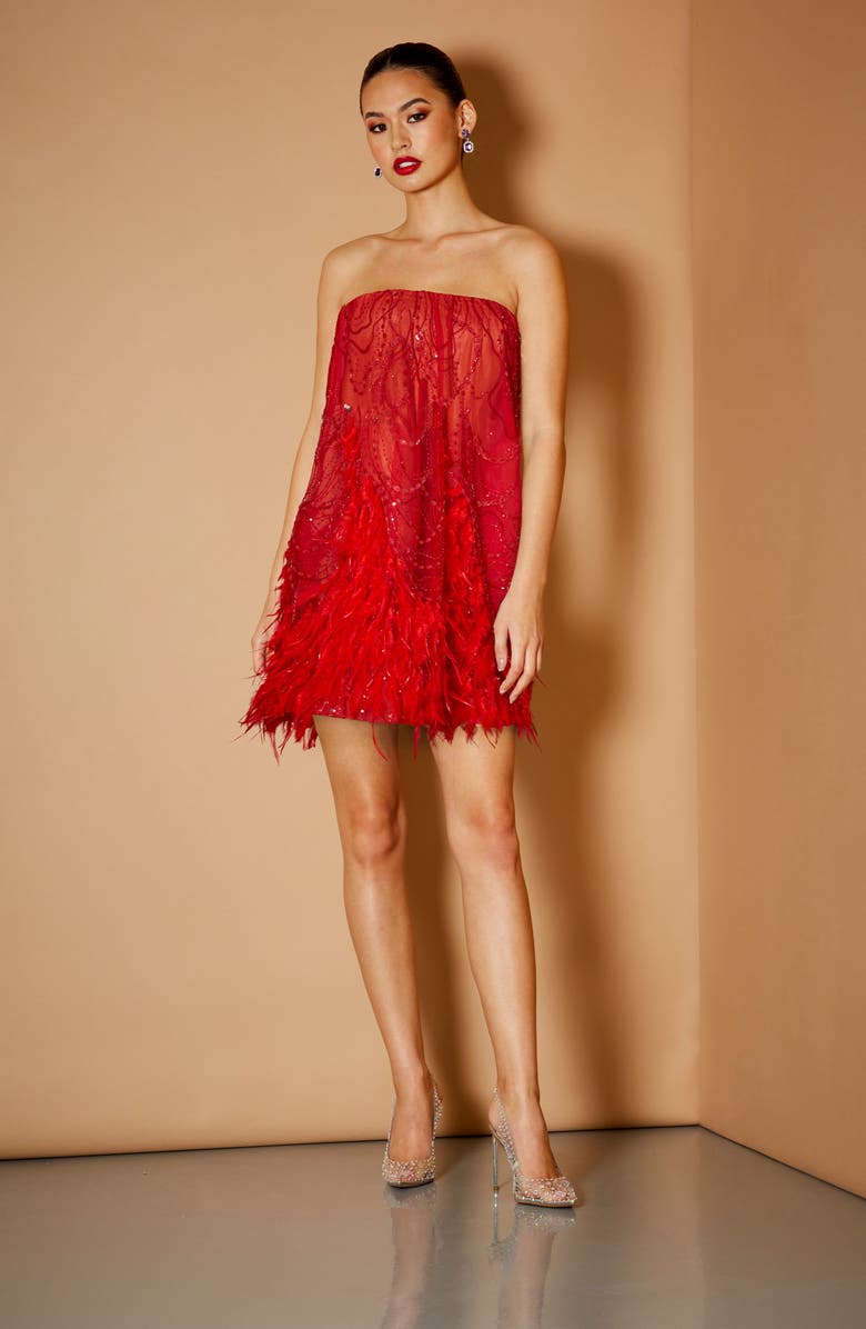 HELSI Stevie Sequin & Feather Strapless Cocktail Minidress, Alternate, color, 