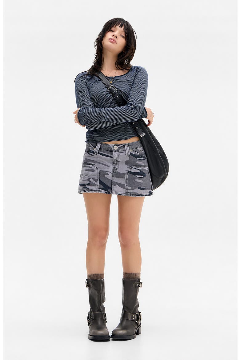 Camo Low Rise Denim Carpenter Miniskirt, Alternate, color, GREY