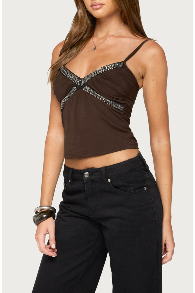 Aika Beaded Ruched Tank Top, Alternate, color, BROWN