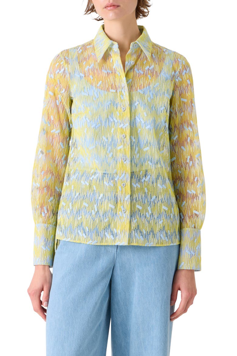 Scribble Embroidered Sheer Tulle Button-Up Shirt, Main, color, LEMON ZING-SKY BLUE