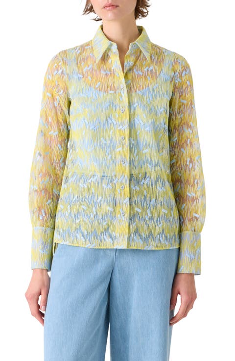 Scribble Embroidered Sheer Tulle Button-Up Shirt