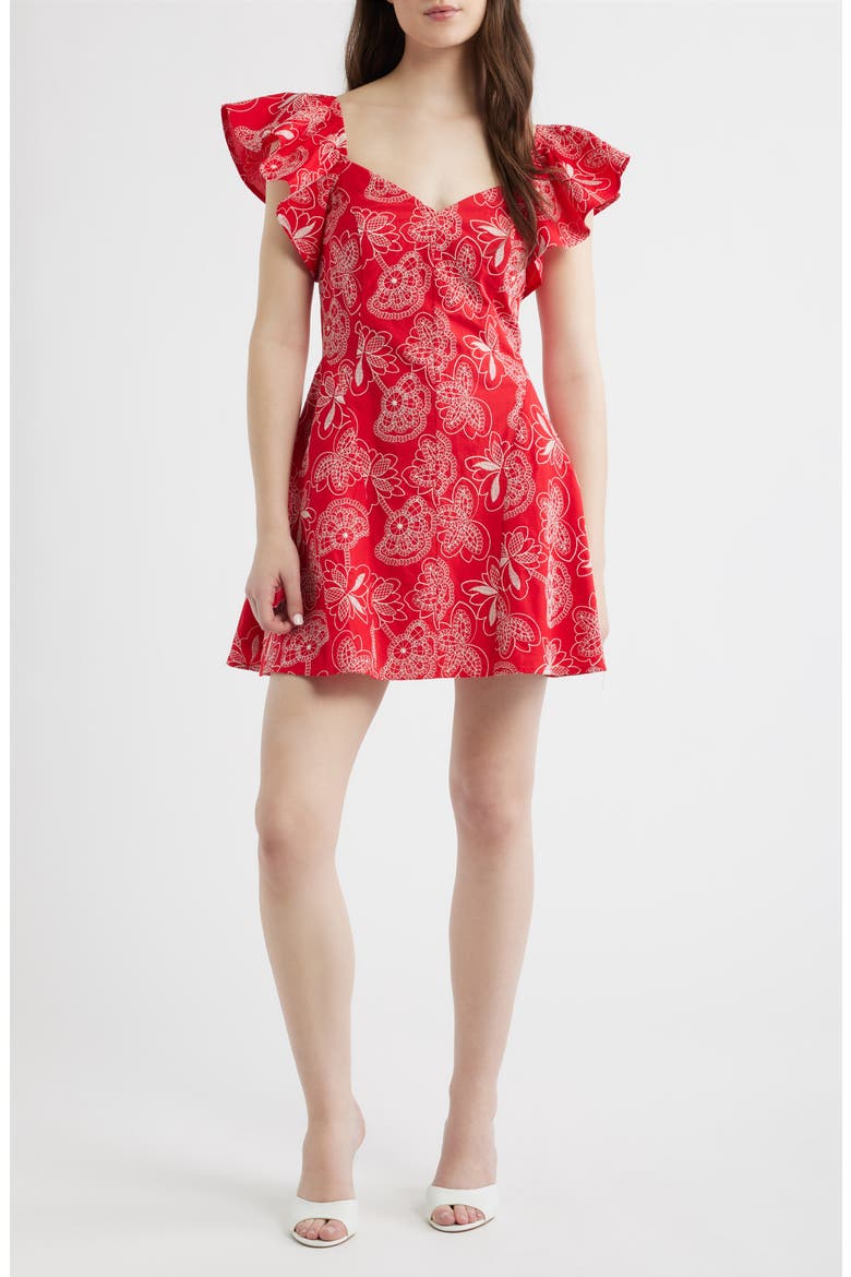 Giovana Floral Embroidery Flutter Sleeve Cotton Minidress, Main, color, HOT CORAL