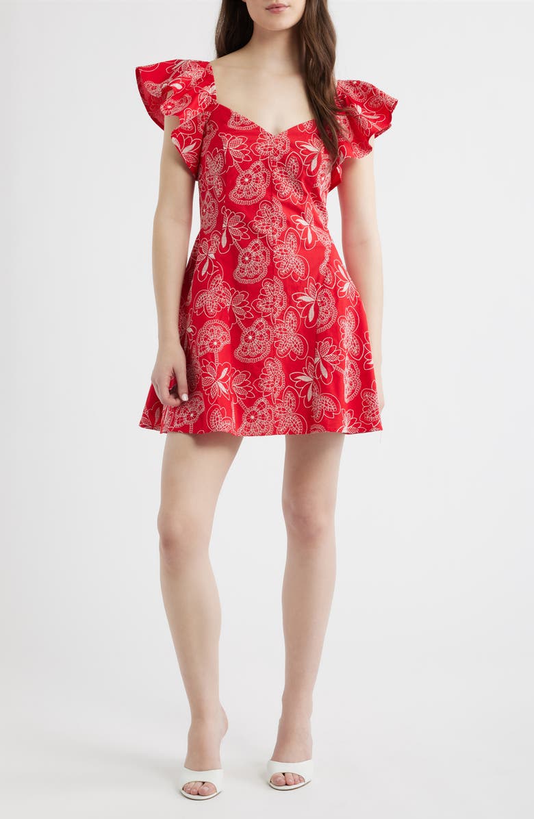 LAYERED WITH LOVE Giovana Floral Embroidery Flutter Sleeve Cotton Minidress, Main, color, Hot Coral