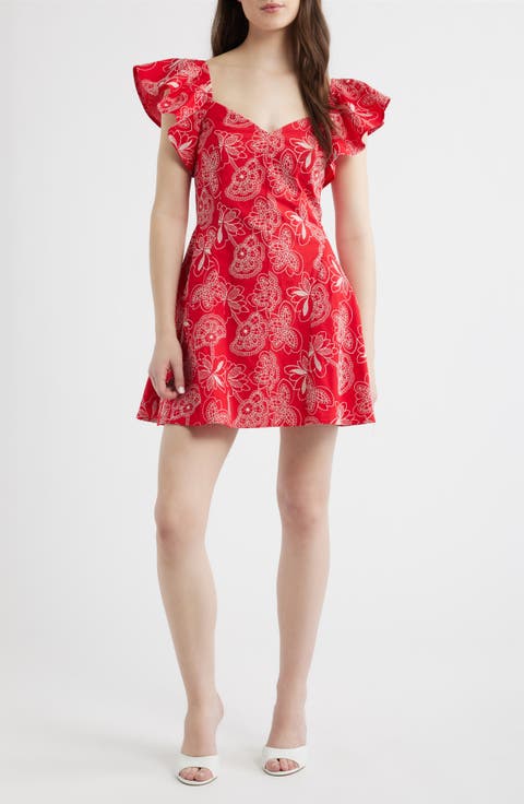 Giovana Floral Embroidery Flutter Sleeve Cotton Minidress