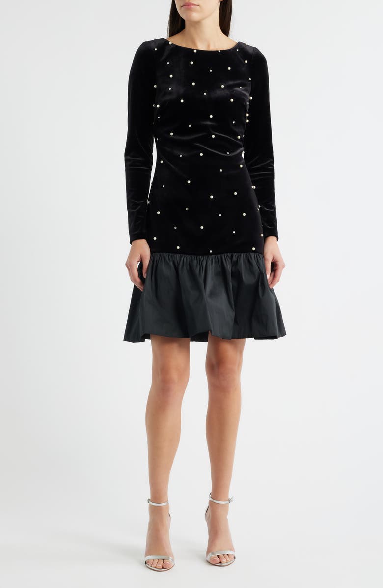 Eliza J Embellished Long Sleeve Ruffle Hem Cocktail Dress, Main, color, Black