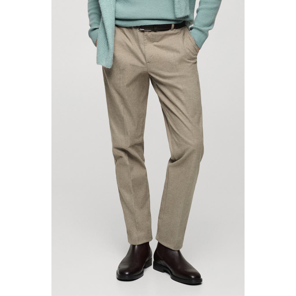 Mango Regular Fit Navy Flat Front Textured Stretch Cotton Pants In Beige