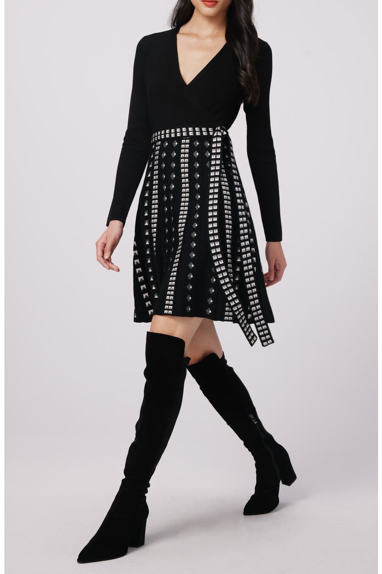 Chelsea Long Sleeve Metallic Pleat Dress, Alternate, color, BLACK/STUD