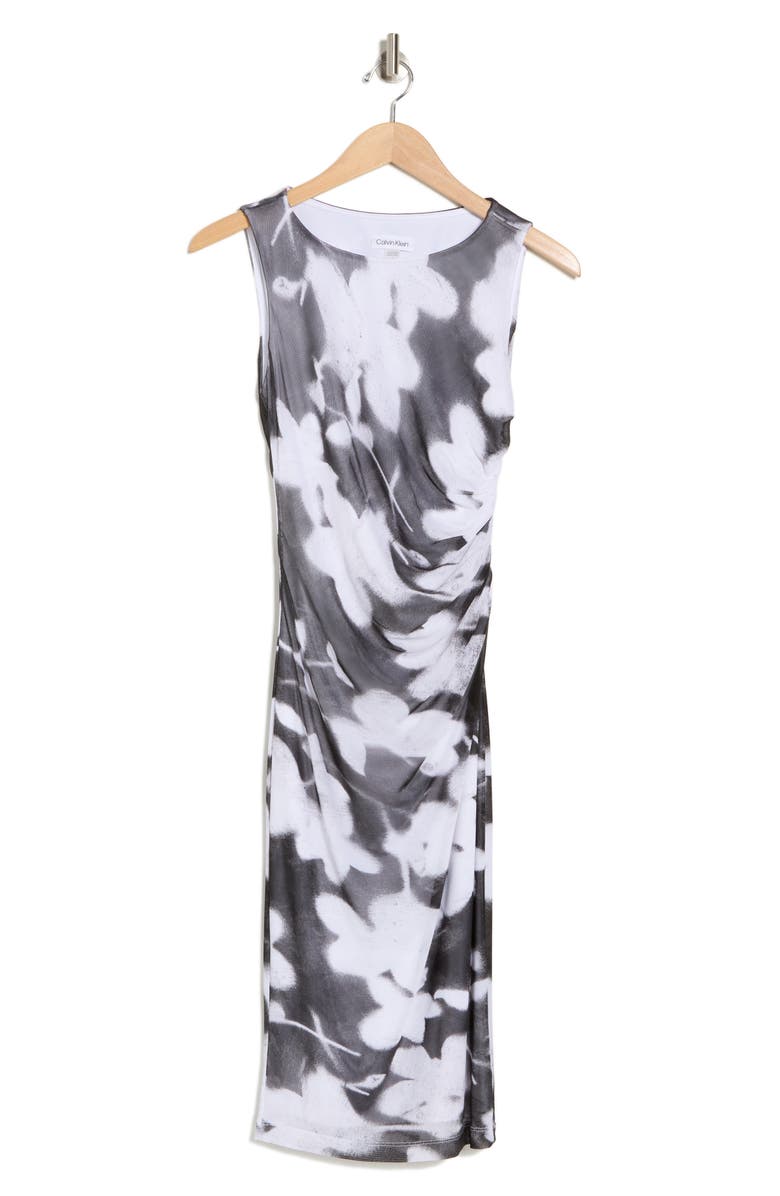 Calvin Klein Print Ruched Sleeveless Mesh Midi Dress, Alternate, color,