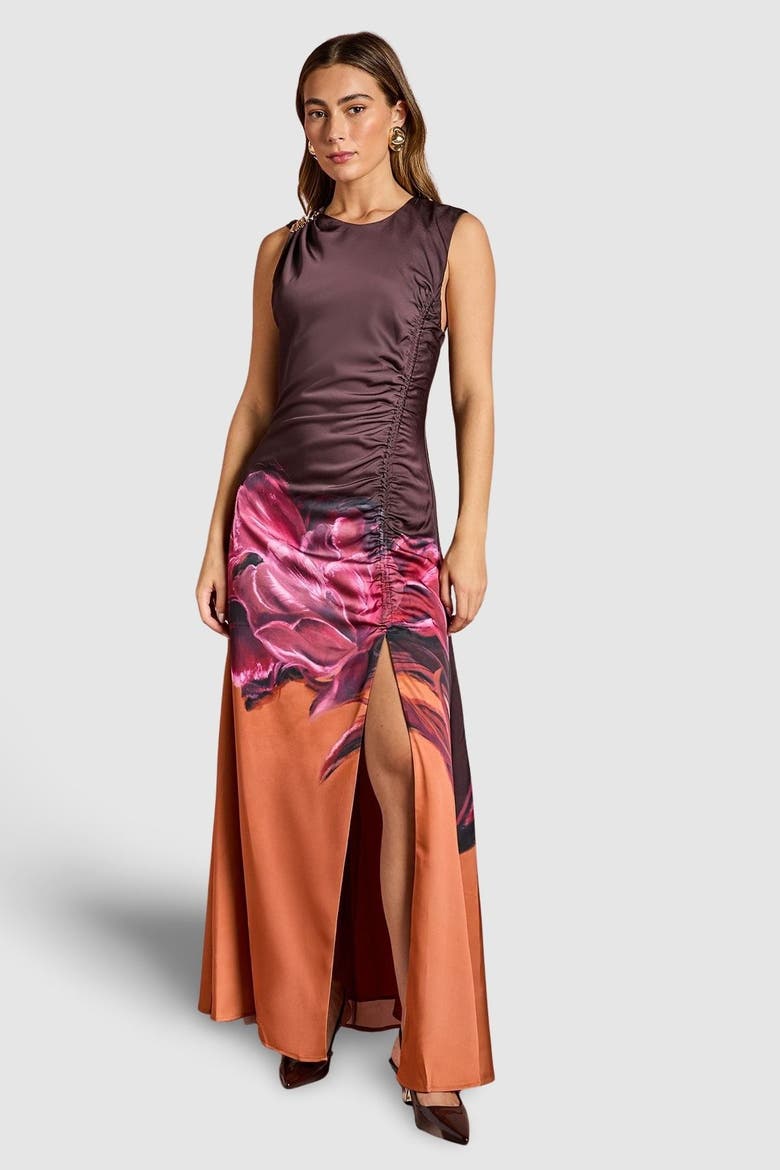 Ruched Print Satin Midi Dress, Main, color, Orange