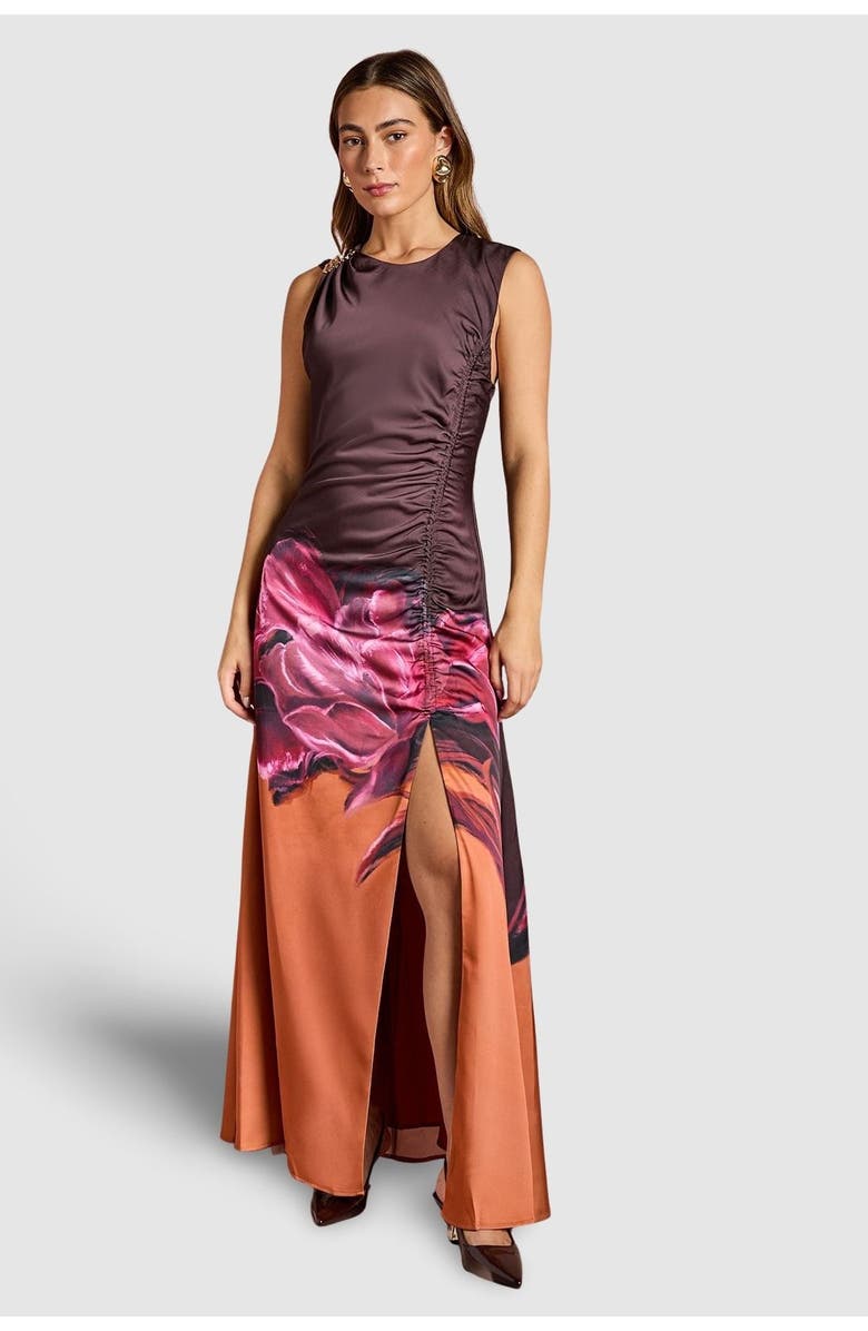 Coast Ruched Print Satin Midi Dress, Main, color, Orange