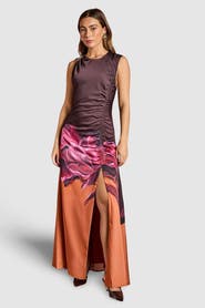 Coast Ruched Print Satin Midi Dress