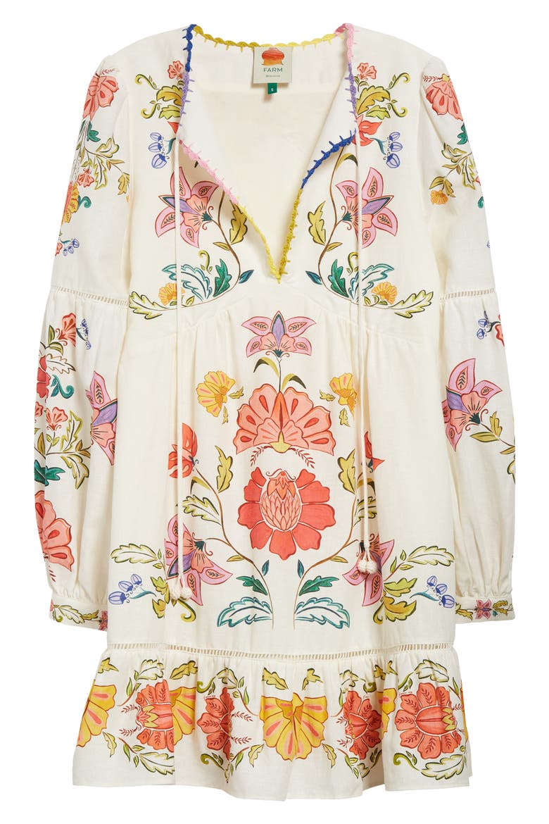 Floral Long Sleeve Linen Blend Minidress, Alternate, color, OFF-WHITE