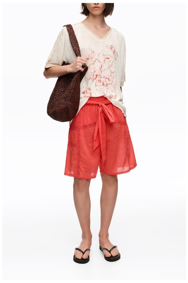 Cotton Pleated Bermuda Shorts with Lace Trim, Main, color, CORAL