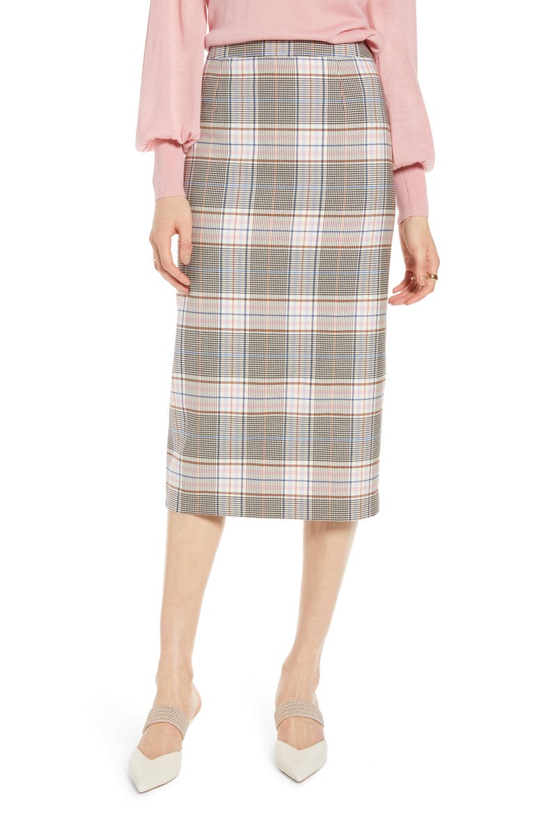 Midi Pencil Skirt, Main, color, BLACK MULTI PLAID