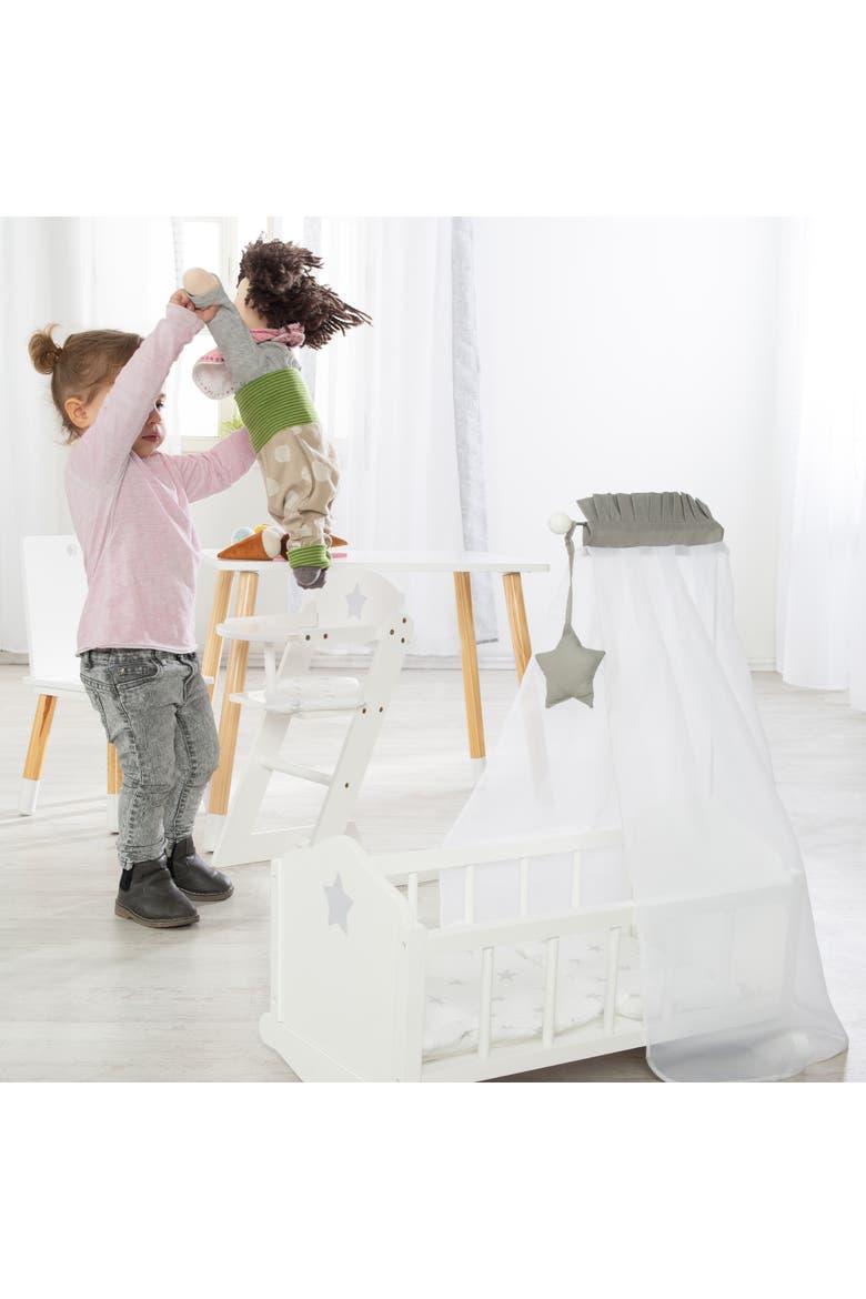 Roba Doll Cradle Set Stella Star, Gray & White Includes Hanging Mobile, Alternate, color, White