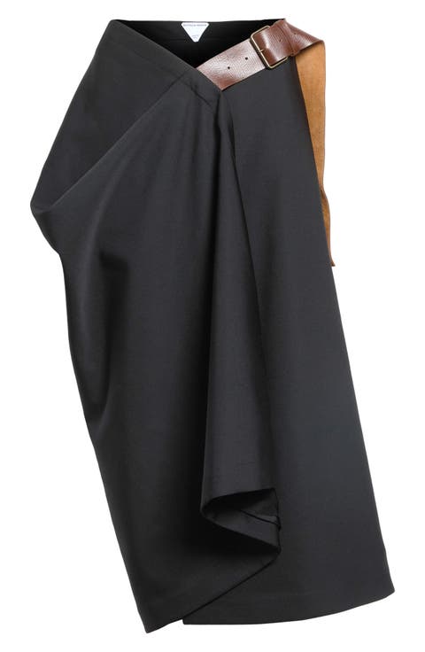 Belted Wool Grain de Poudre Long Skirt