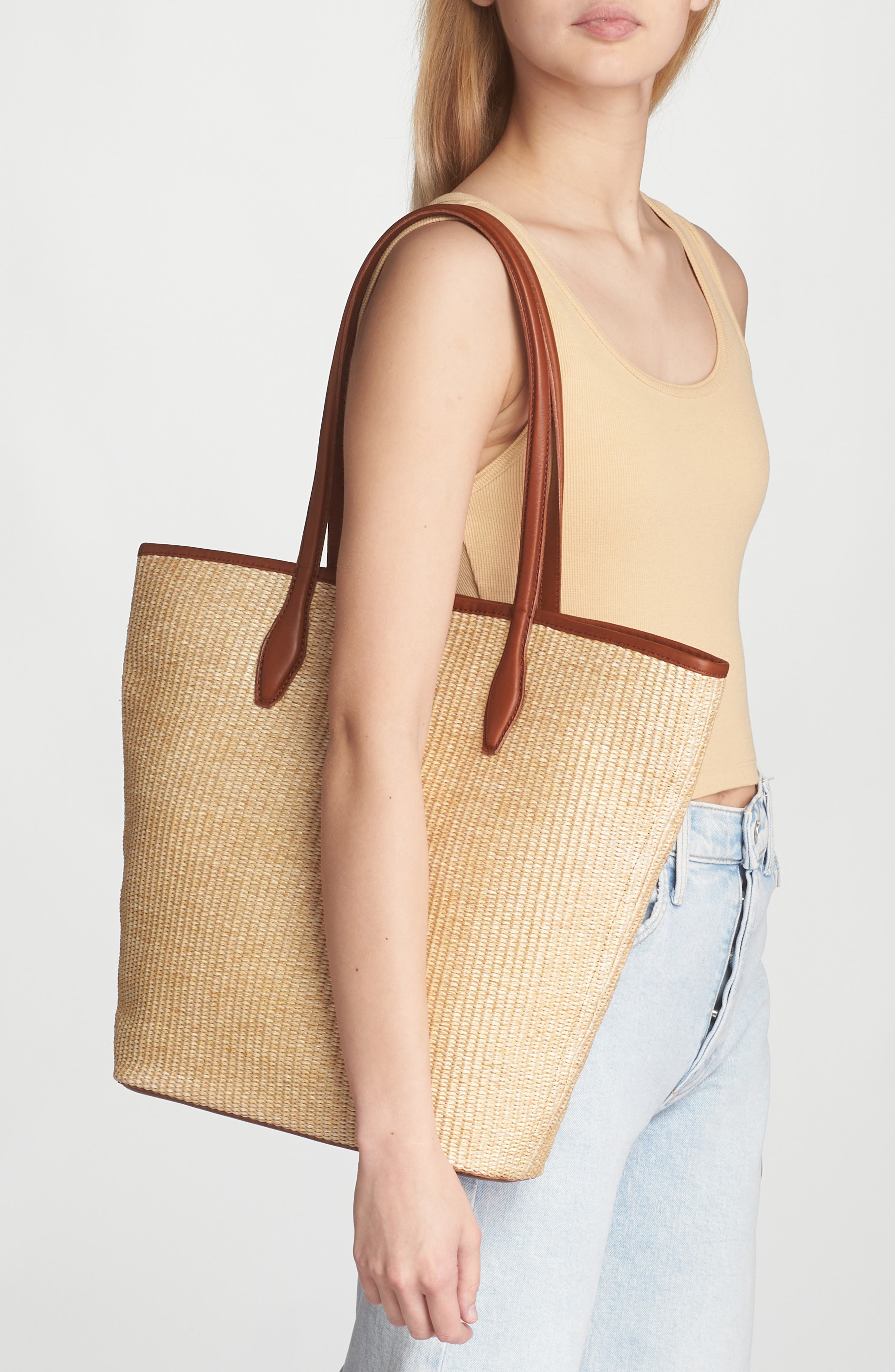 Madewell The Leather Trimmed Straw Tote, Alternate, color, 