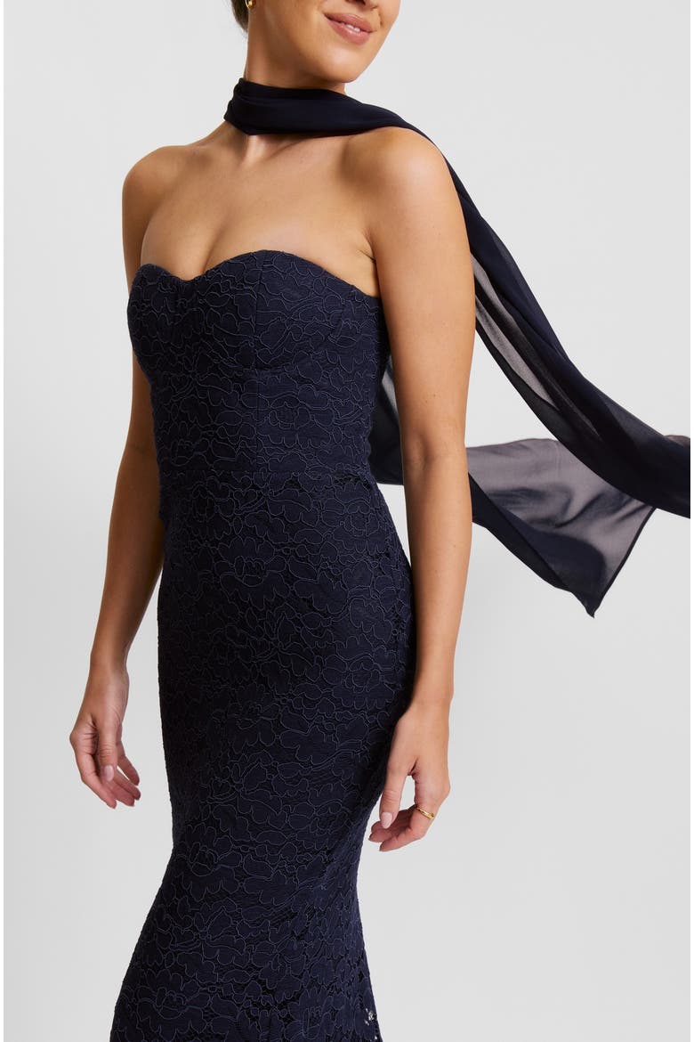Lace Corset Maxi Dress With Neck Scarf, Alternate, color, Navy