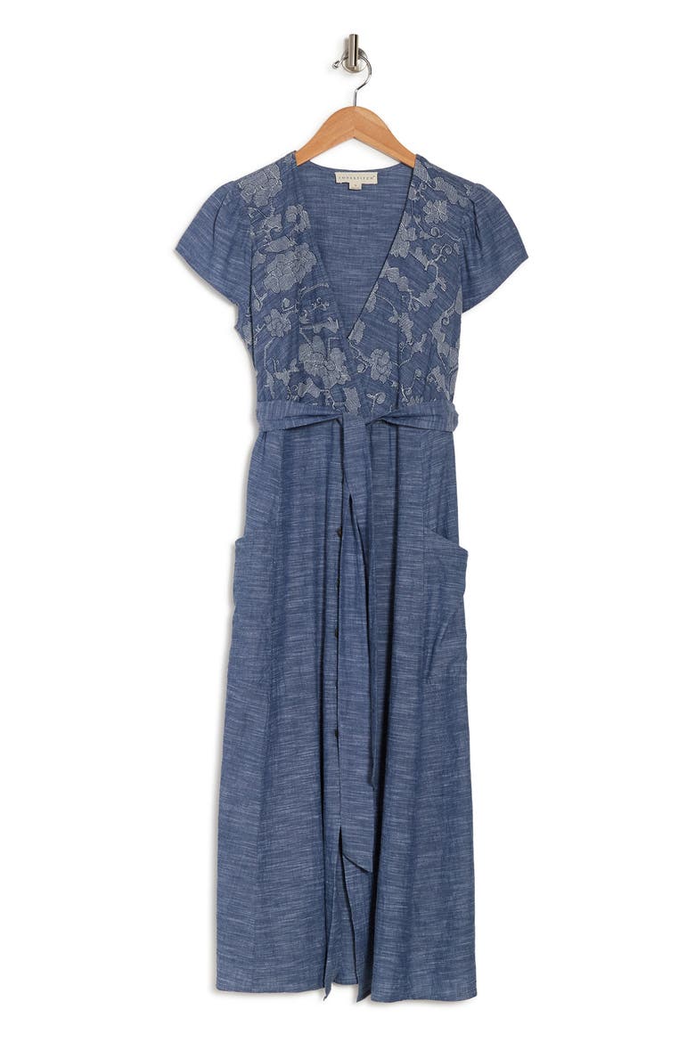 Embroidered Bodice Belted Button Front Midi Dress, Alternate, color, INDIGO