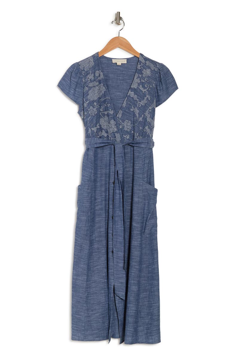 Lovestitch Embroidered Bodice Belted Button Front Midi Dress, Alternate, color, 