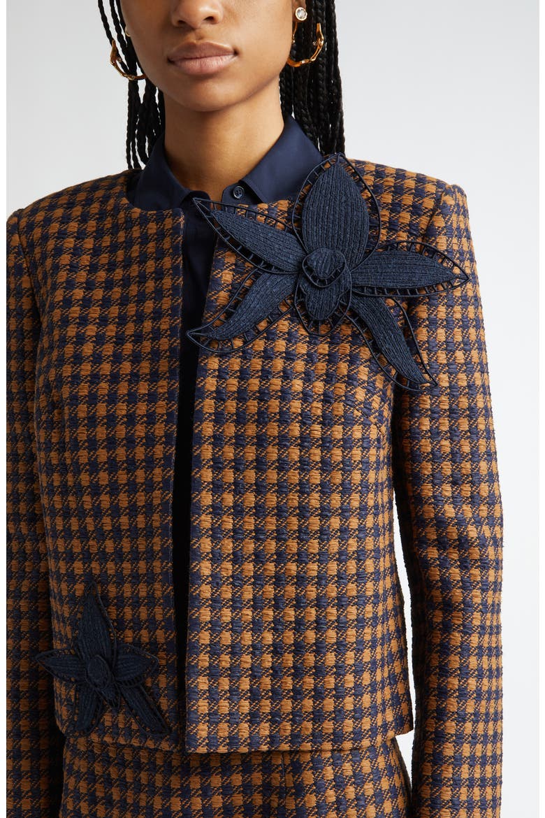 Orchid Embroidered Check Tweed Jacket, Alternate, color, COGNAC/ NAVY