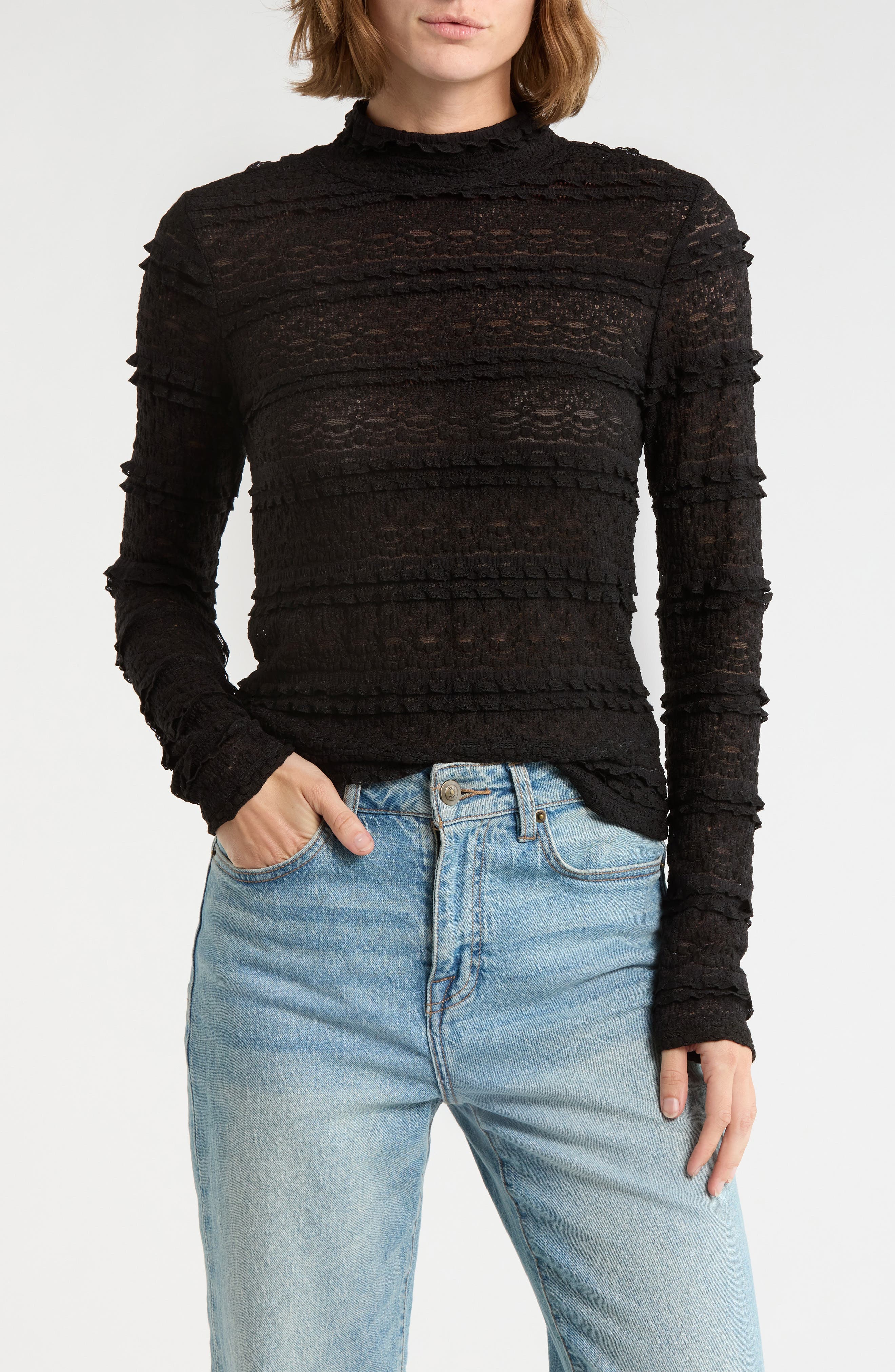 Sanctuary Mock Neck Long Sleeve Lace Top