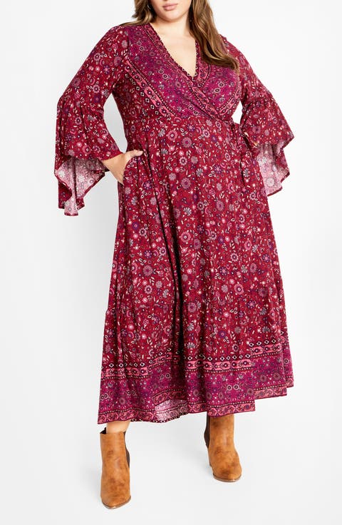 Adhara Mixed Print Long Sleeve Maxi Dress (Plus)