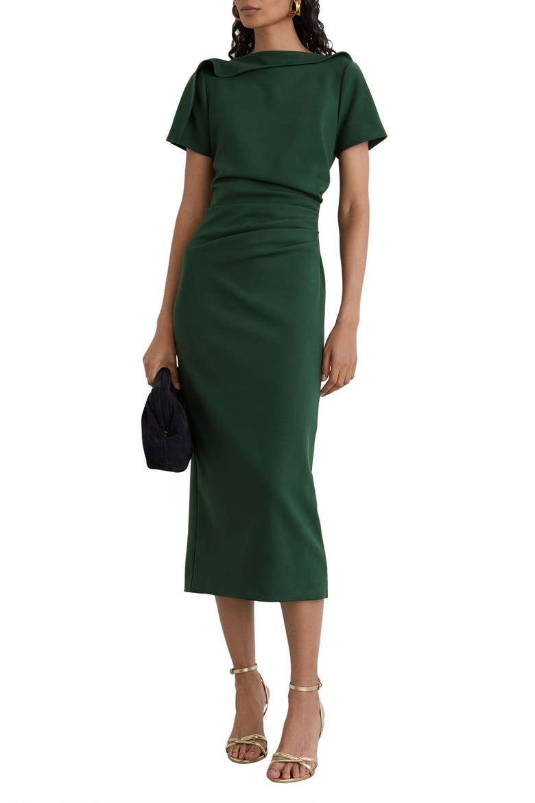 Hilary Ruched Cowl Neck Midi Dress, Main, color, TEAL GREEN