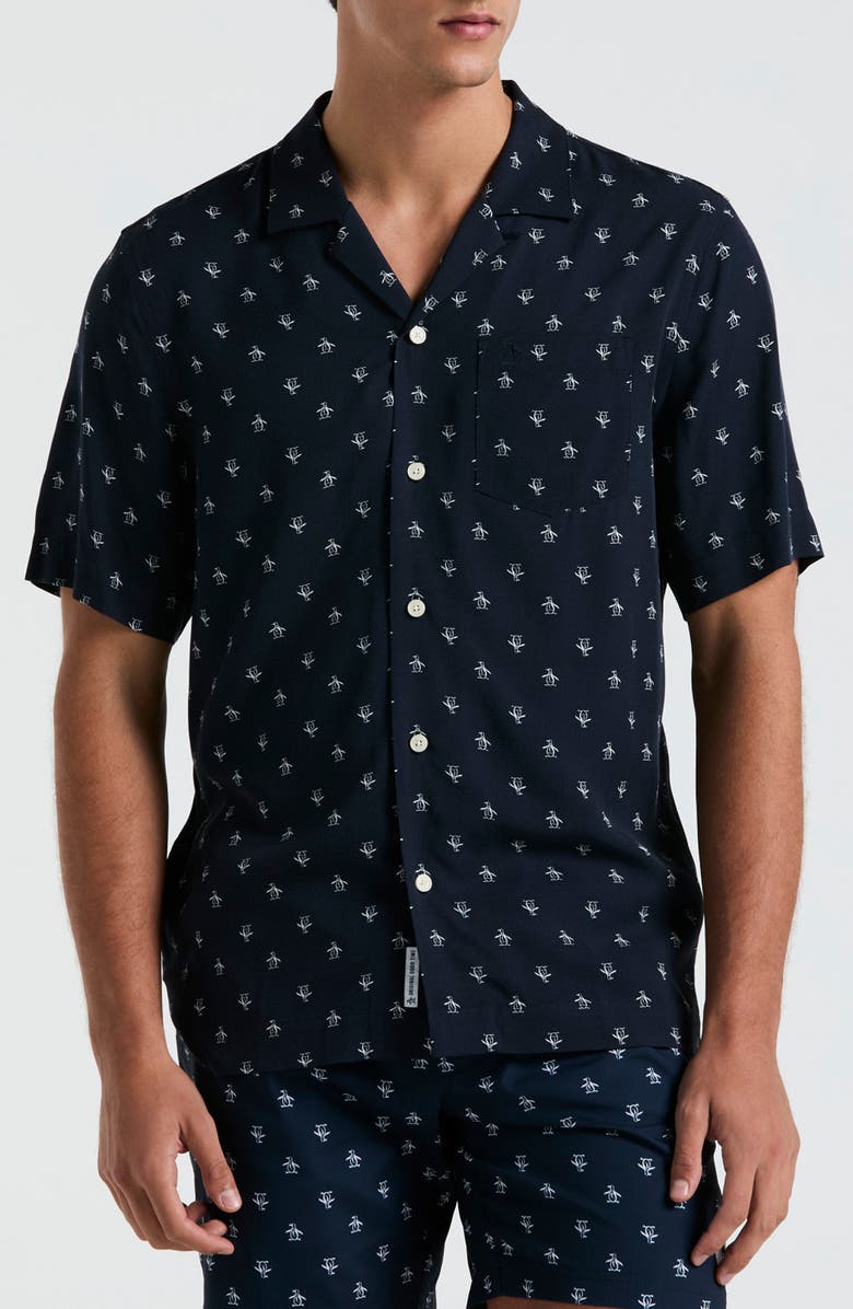 Original Penguin Logo Print Camp Shirt, Main, color, Dark Sapphire