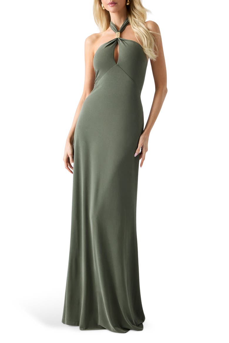 Soraya Halter Maxi Cocktail Dress, Main, color, DARK OLIVE