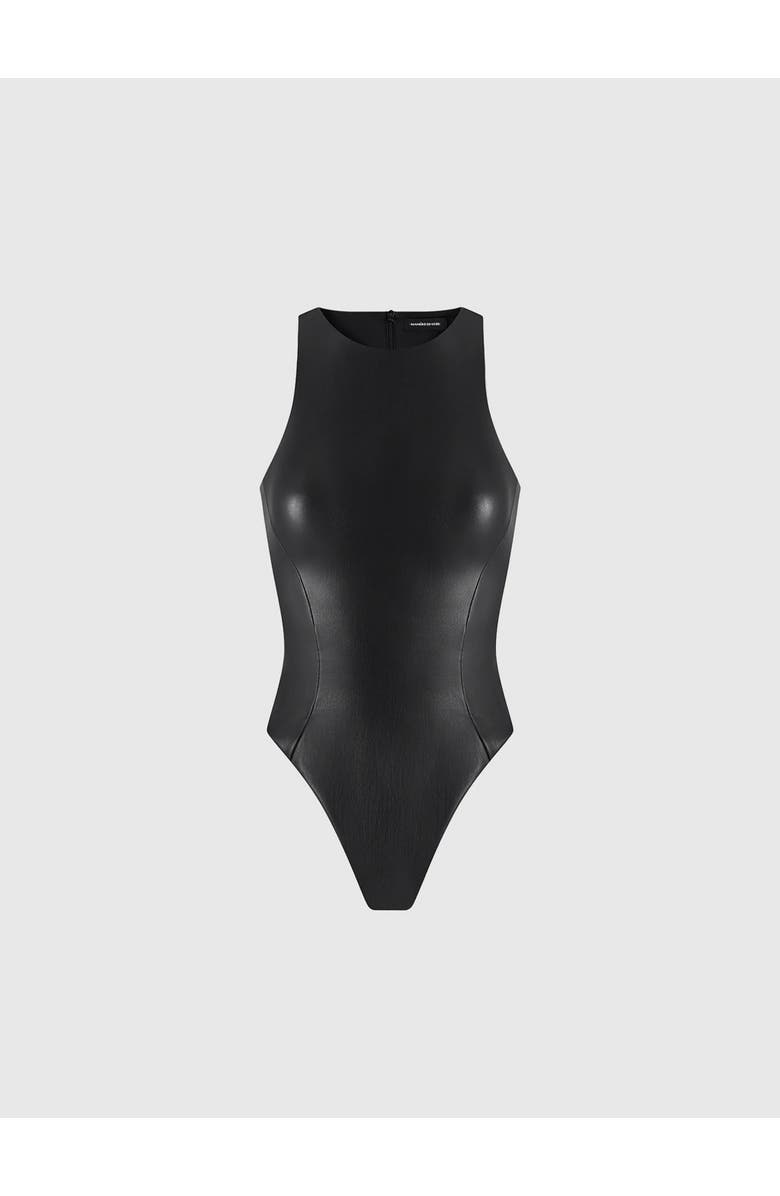 Manière De Voir Josie Leather Racer Neck Bodysuit, Alternate, color, Black