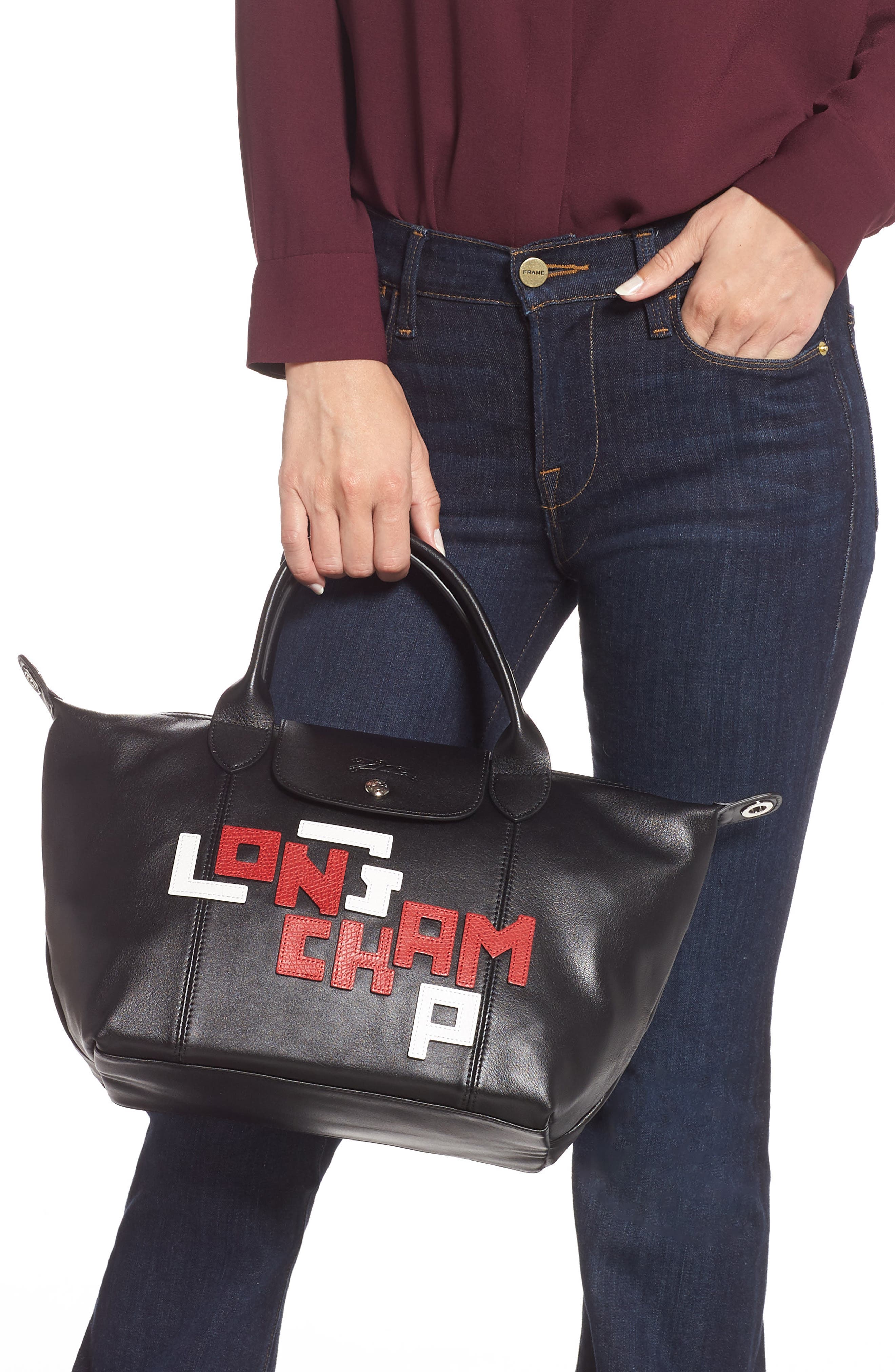 Longchamp Small Le Pliage Logo Leather Tote, Alternate, color, 