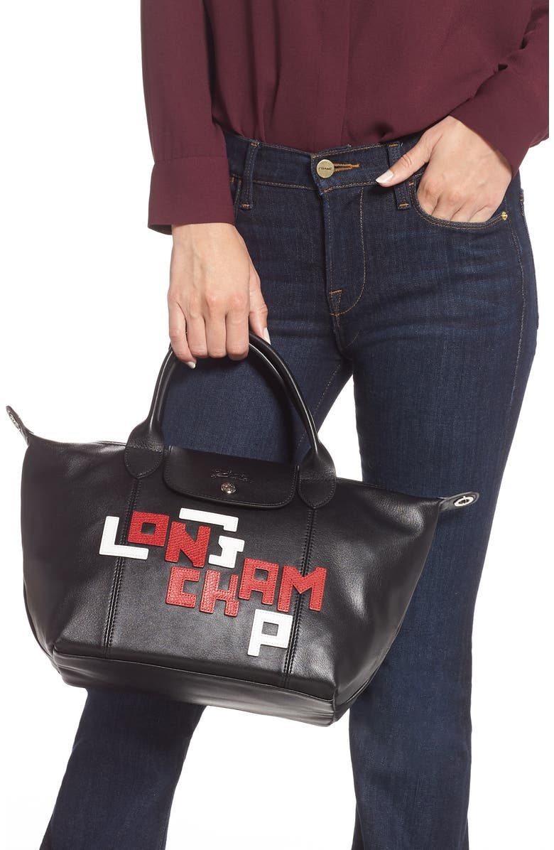 Longchamp Small Le Pliage Logo Leather Tote, Alternate, color,