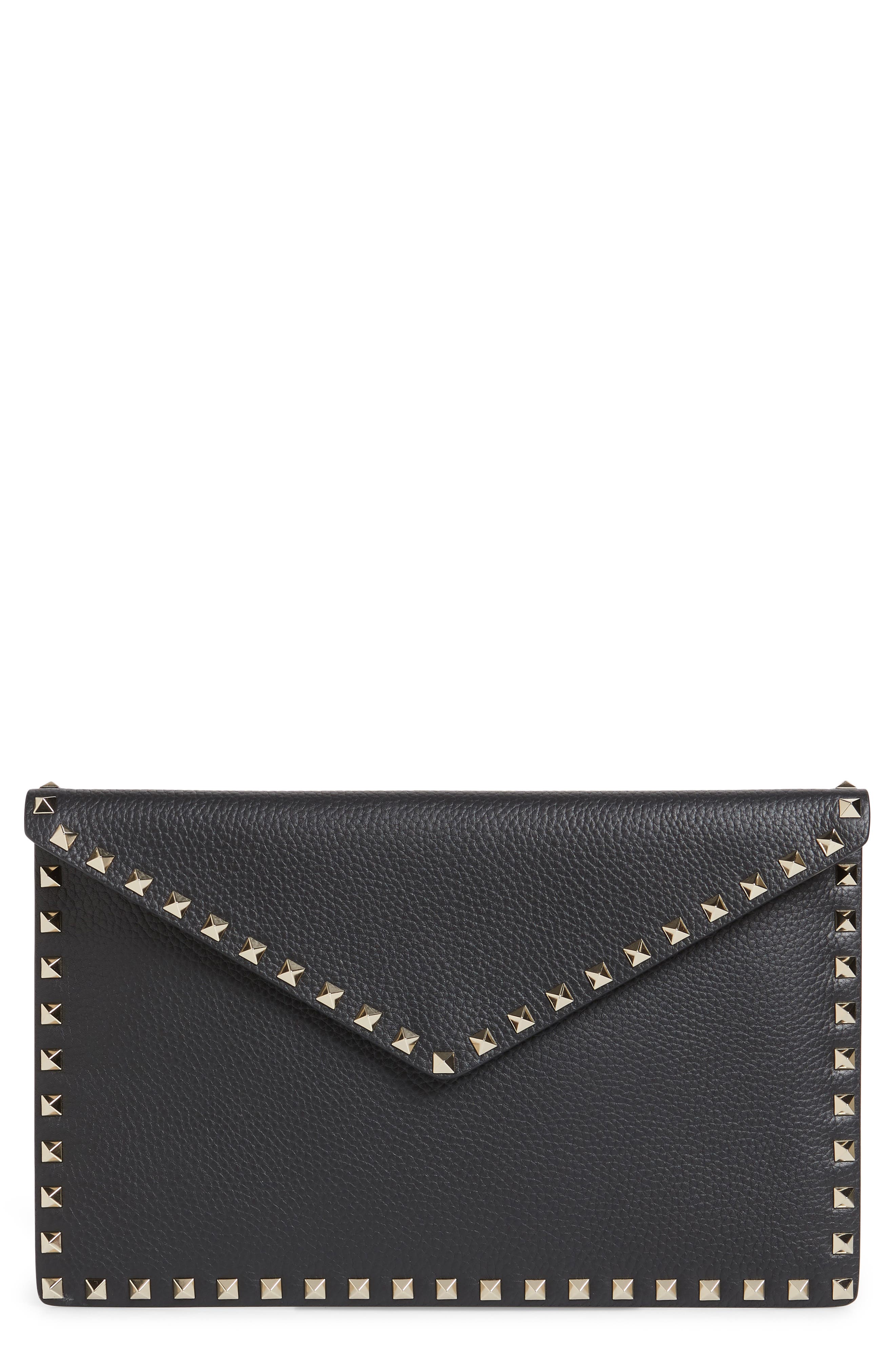 Valentino Garavani Large Rockstud Calfskin Leather Pouch, Main, color, 