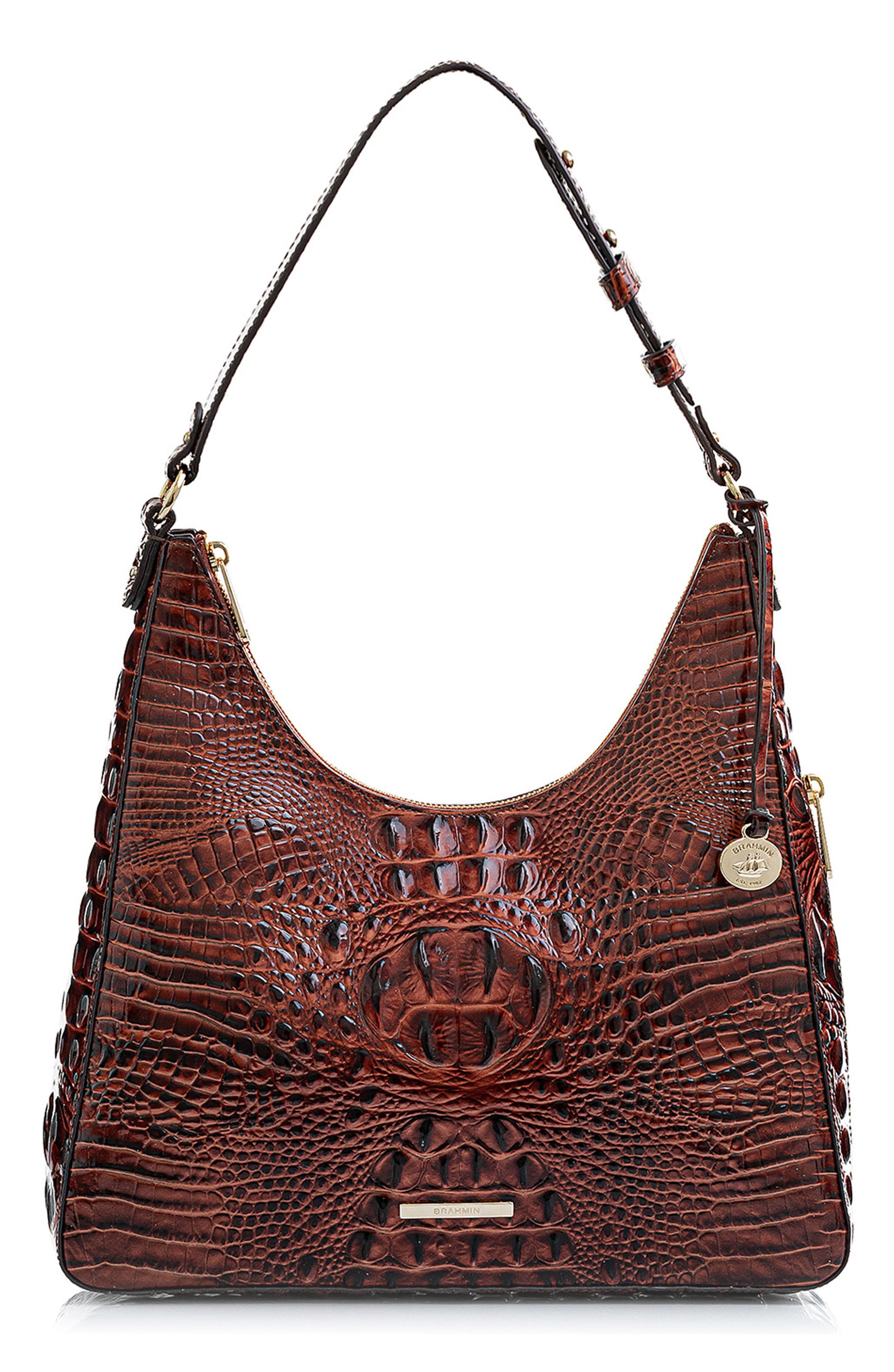 Brahmin Tabitha Croc Embossed Leather Shoulder Bag, Main, color, Pecan Melbourne