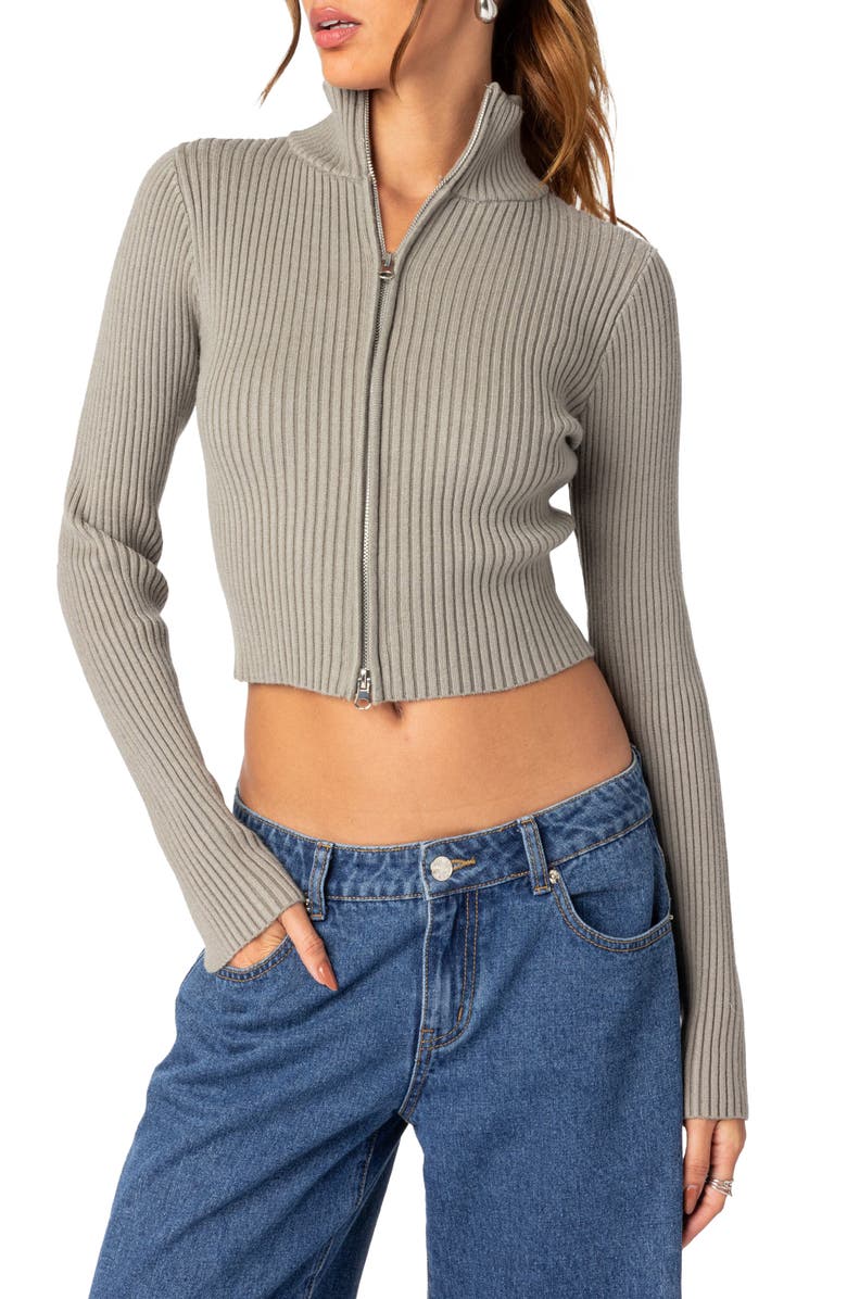 EDIKTED Crop Front Zip Rib Cardigan, Main, color, 