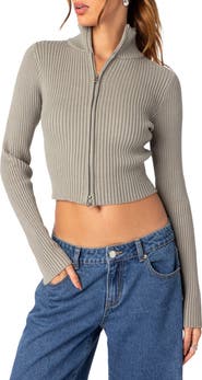 EDIKTED Crop Front Zip Rib Cardigan