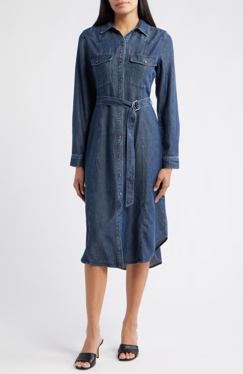 Long Sleeve Denim Belted Midi Shirtdress